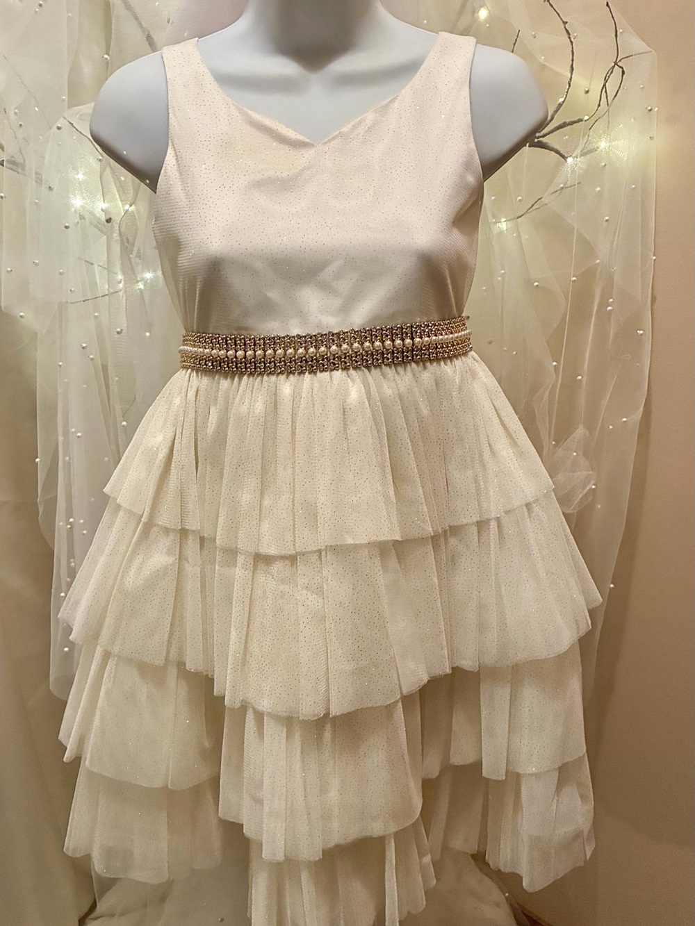 American Princess Ivory Sparkle Tiered Tulle Dress with Beaded & Pearls waist.